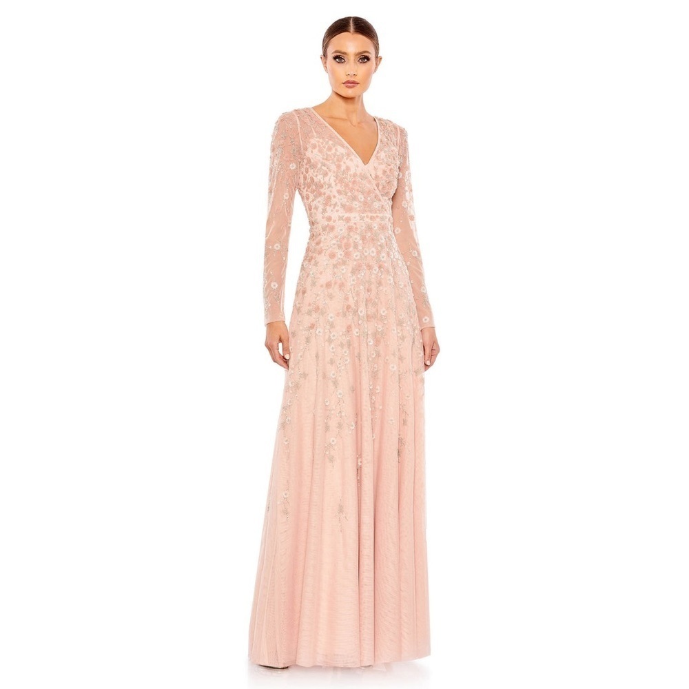 MAC DUGGAL embellished illusion long sleeve A-line gown in peach 6 NWT
